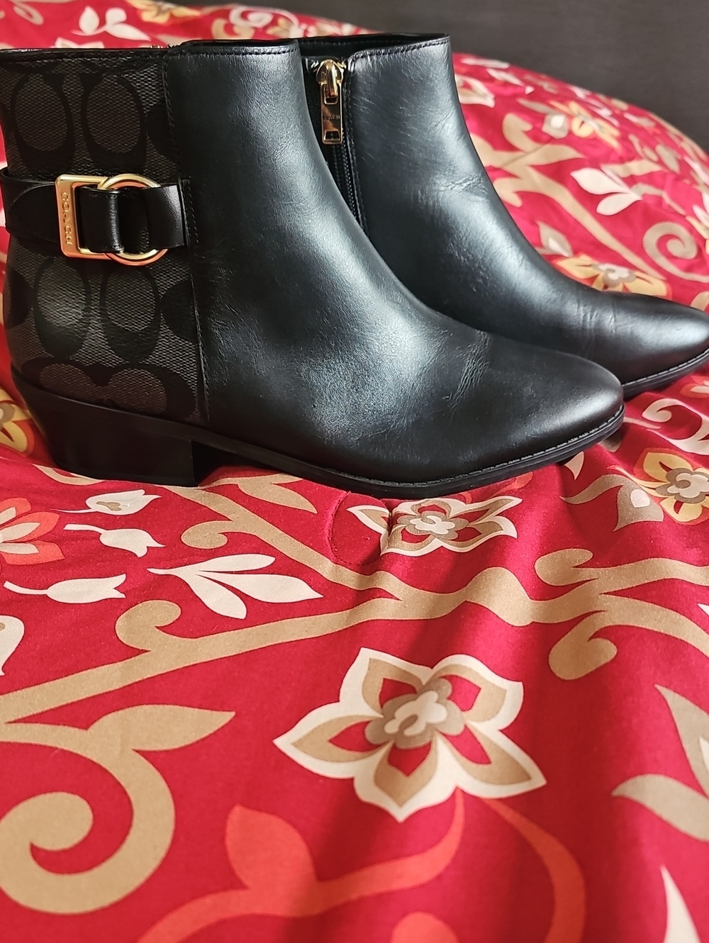 Coach Black Leather Ankle Boots with Patterned Back and Gold Buckle